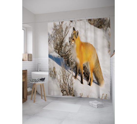 Штора (занавеска) для ванной JoyArty "Лиса на снегу" из сатена, 180х200 см с крючками, sc_39196 1
