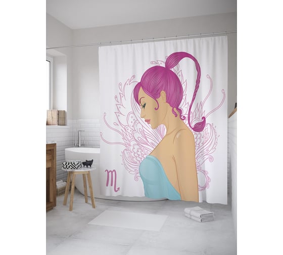 Штора (занавеска) для ванной JoyArty "Девушка с прической скорпион" из сатена, 180х200 см с крючками, sc_60282 1