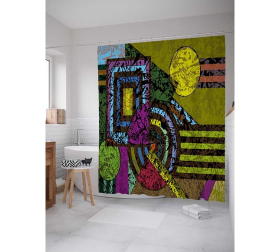 Штора (занавеска) для ванной JoyArty "Формы и полосы" из сатена, 180х200 см с крючками, sc_37446 1