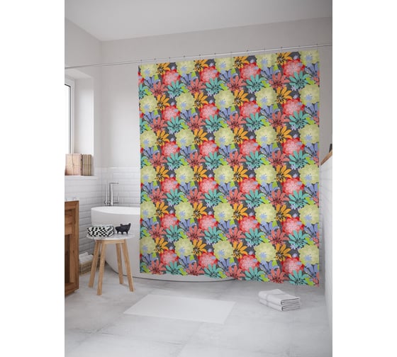 Штора (занавеска) для ванной JoyArty "Цветочная насыщенность" из сатена, 180х200 см с крючками, sc_54510 1
