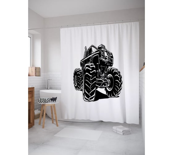 Штора (занавеска) для ванной JoyArty "Легковик Монс-трек" из сатена, 180х200 см с крючками, sc_53704