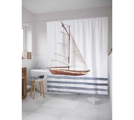 Штора (занавеска) для ванной JoyArty "Парусная лодка" из сатена, 180х200 см с крючками, sc_34051 1