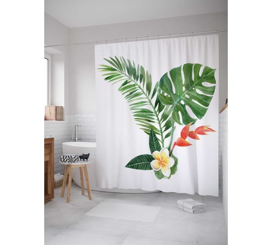 Штора (занавеска) для ванной JoyArty "Тропический букет" из сатена, 180х200 см с крючками, sc_38870 1