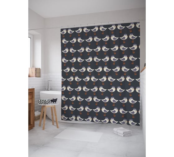 Штора (занавеска) для ванной JoyArty "Птичка в шляпке" из сатена, 180х200 см с крючками, sc_58793 1