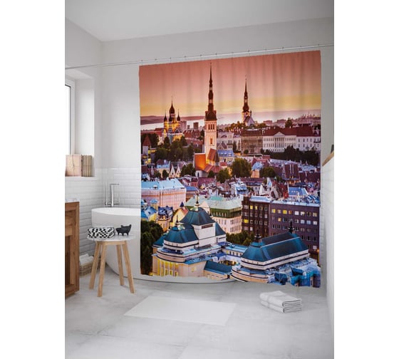 Штора (занавеска) для ванной JoyArty "Ночной Таллин" из сатена, 180х200 см с крючками, sc_37424 1