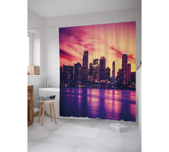 Штора (занавеска) для ванной JoyArty "Багряный закат над небоскребами" из сатена, 180х200 см с крючками, sc_37320