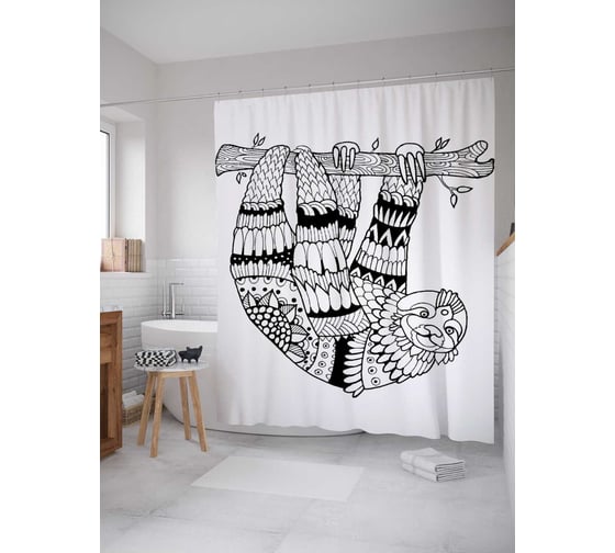 Штора (занавеска) для ванной JoyArty "Орнаментальный ленивец" из сатена, 180х200 см с крючками, sc_37871