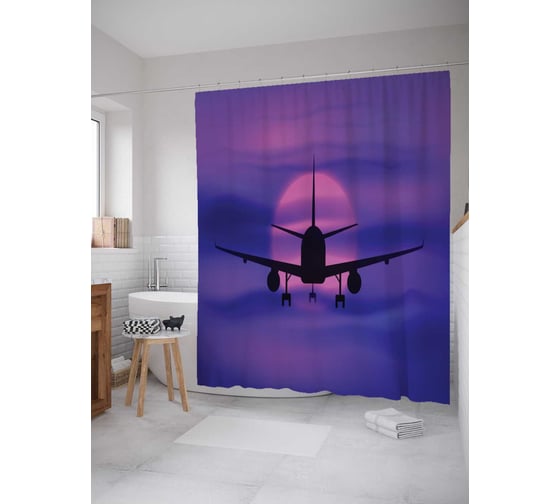 Штора (занавеска) для ванной JoyArty "Самолет в полете на закат" из сатена, 180х200 см с крючками, sc_52017 1