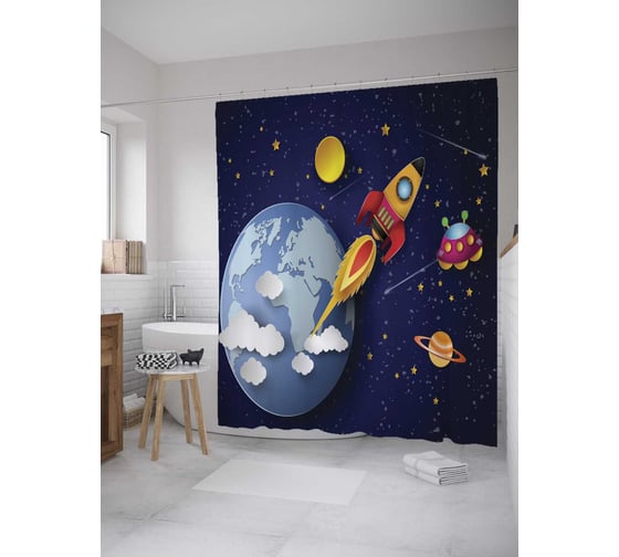 Штора (занавеска) для ванной JoyArty "Земля из космоса" из сатена, 180х200 см с крючками, sc_32776 1
