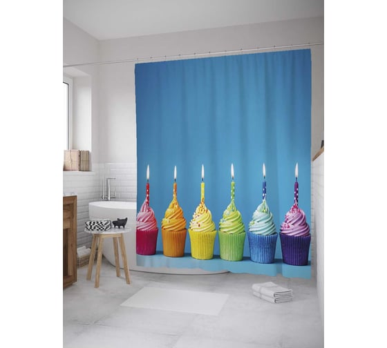 Штора (занавеска) для ванной JoyArty "Праздник кексов" из сатена, 180х200 см с крючками, sc_34294 1