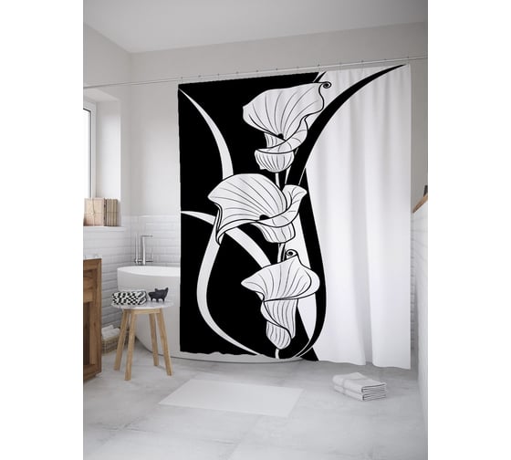 Штора (занавеска) для ванной JoyArty "Каллы графика" из сатена, 180х200 см с крючками, sc_59682 1