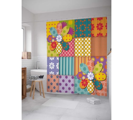 Штора (занавеска) для ванной JoyArty "Цветочный пэчворк" из сатена, 180х200 см с крючками, sc_37399 1