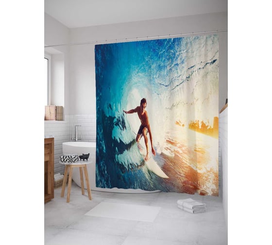 Штора (занавеска) для ванной JoyArty "Серфер ловит волну" из сатена, 180х200 см с крючками, sc_36949 1