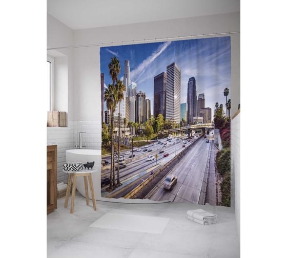 Штора (занавеска) для ванной JoyArty "Большой Лос-Анджелес" из сатена, 180х200 см с крючками, sc_32740 1