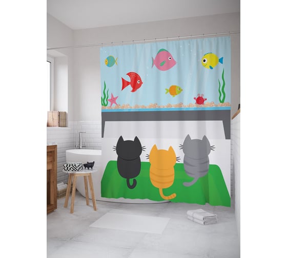 Штора (занавеска) для ванной JoyArty "Коты на просмотре" из сатена, 180х200 см с крючками, sc_52742 1