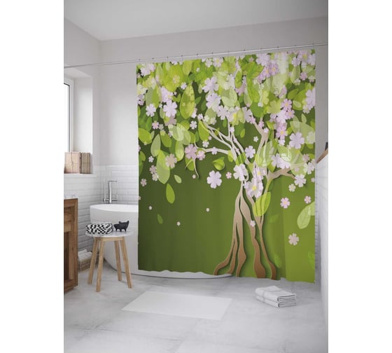 Штора (занавеска) для ванной JoyArty "Весеннее дерево" из сатена, 180х200 см с крючками, sc_32656 1