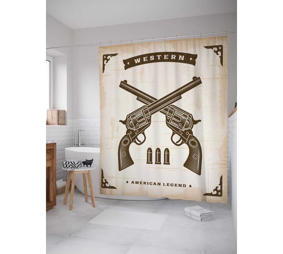 Штора (занавеска) для ванной JoyArty "Дуэль вестерн" из сатена, 180х200 см с крючками, sc_37937 1