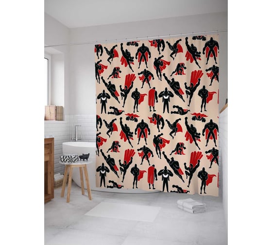 Штора (занавеска) для ванной JoyArty "Супергерой в разных позах" из сатена, 180х200 см с крючками, sc_38699 1