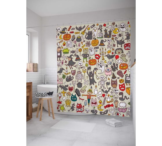 Штора (занавеска) для ванной JoyArty "Нечисть" из сатена, 180х200 см с крючками, sc_6037 1