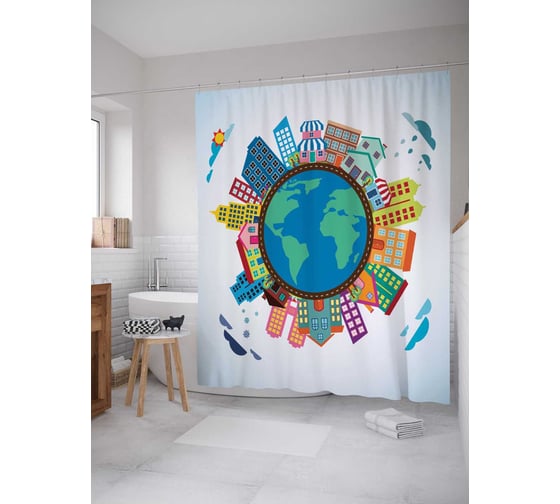 Штора (занавеска) для ванной JoyArty "Планета в домах" из сатена, 180х200 см с крючками, sc_4847 1