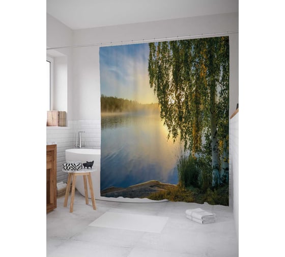 Штора (занавеска) для ванной JoyArty "Восход над рекой" из сатена, 180х200 см с крючками, sc_32496 1