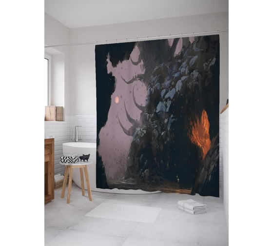 Штора (занавеска) для ванной JoyArty "Мрачная пещера" из сатена, 180х200 см с крючками, sc_32249 1