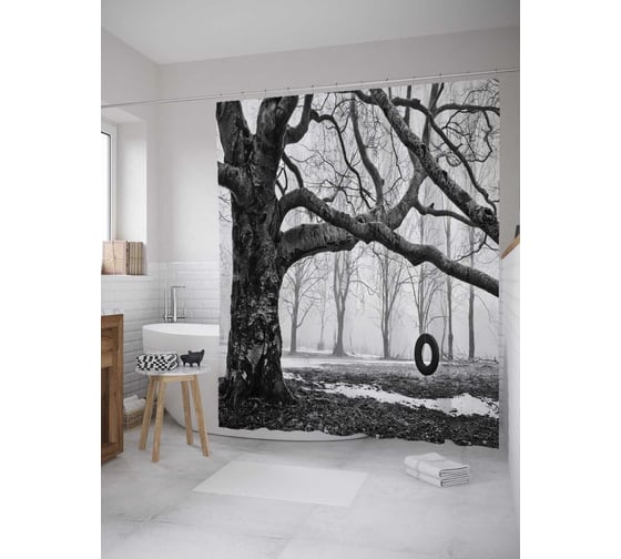 Штора (занавеска) для ванной JoyArty "Колесо на дереве" из сатена, 180х200 см с крючками, sc_32071 1