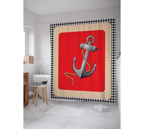 Штора (занавеска) для ванной JoyArty "Якорь в клетку" из сатена, 180х200 см с крючками, sc_5454 1