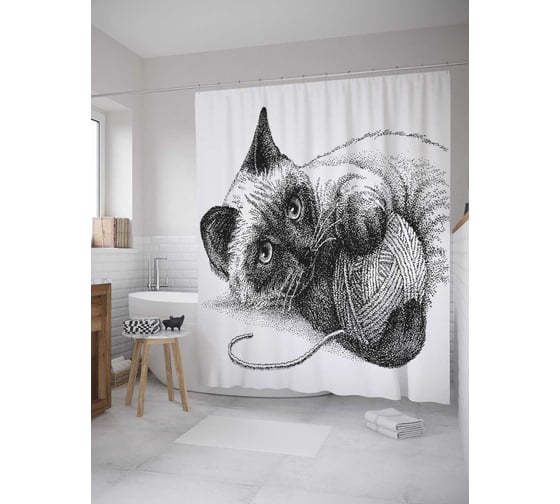 Штора (занавеска) для ванной JoyArty "Котик с клубком" из сатена, 180х200 см с крючками, sc_32183 1