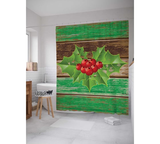 Штора (занавеска) для ванной JoyArty "Рождественская звезда на деревянных досках" из сатена, 180х200 см с крючками, sc_5478 1