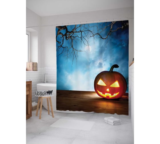 Штора (занавеска) для ванной JoyArty "Ухмылка тыквы" из сатена, 180х200 см с крючками, sc_4811 1