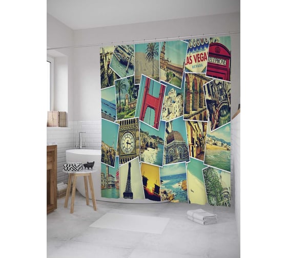 Штора (занавеска) для ванной JoyArty "Открытки Лондона" из сатена, 180х200 см с крючками, sc_32058 1