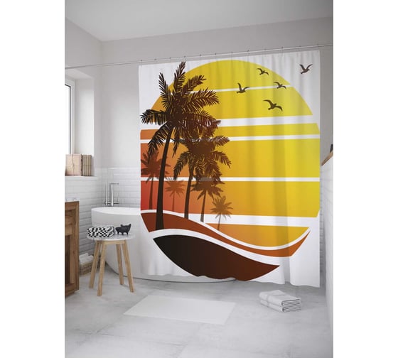 Штора (занавеска) для ванной JoyArty "Иллюстрированные тропики" из сатена, 180х200 см с крючками, sc_32450 1