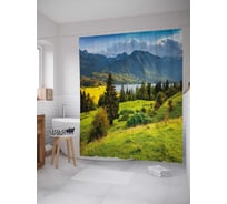 Штора (занавеска) для ванной JoyArty "Озеро у подножья гор" из сатена, 180х200 см с крючками, sc_37473