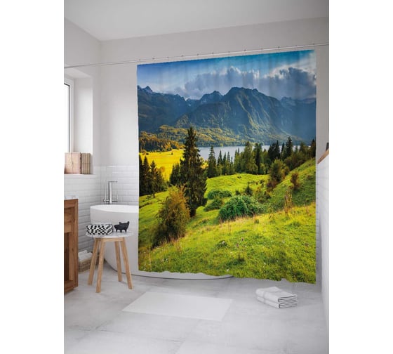 Штора (занавеска) для ванной JoyArty "Озеро у подножья гор" из сатена, 180х200 см с крючками, sc_37473 1