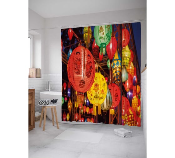 Штора (занавеска) для ванной JoyArty "Восточные фонарики" из сатена, 180х200 см с крючками, sc_38814 1