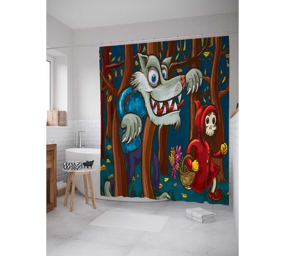 Штора (занавеска) для ванной JoyArty "Красная шапочка и волк" из сатена, 180х200 см с крючками, sc_5282 1