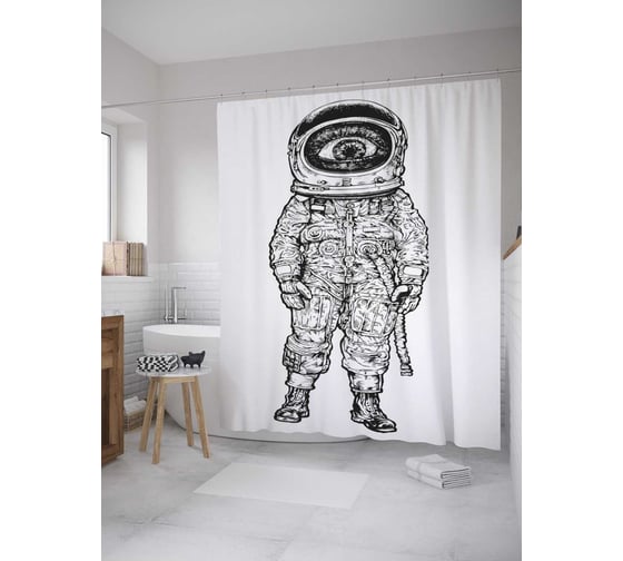 Штора (занавеска) для ванной JoyArty "Одноглазый космонавт" из сатена, 180х200 см с крючками, sc_32483