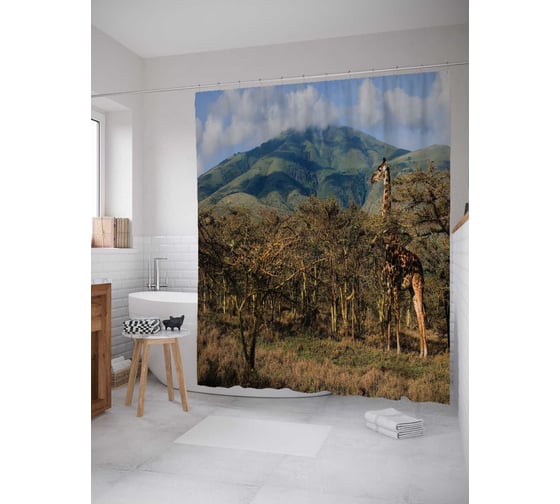 Штора (занавеска) для ванной JoyArty "Жираф на пастбище" из сатена, 180х200 см с крючками, sc_37577 1
