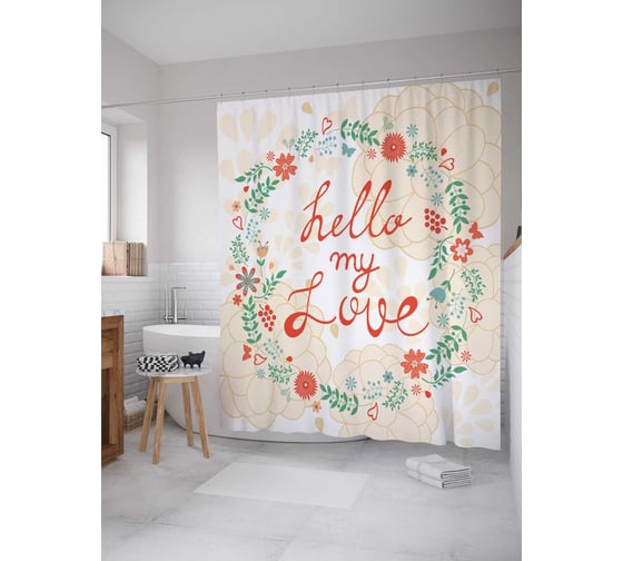 Штора (занавеска) для ванной JoyArty "Привет моя любовь" из сатена, 180х200 см с крючками, sc_3855 1