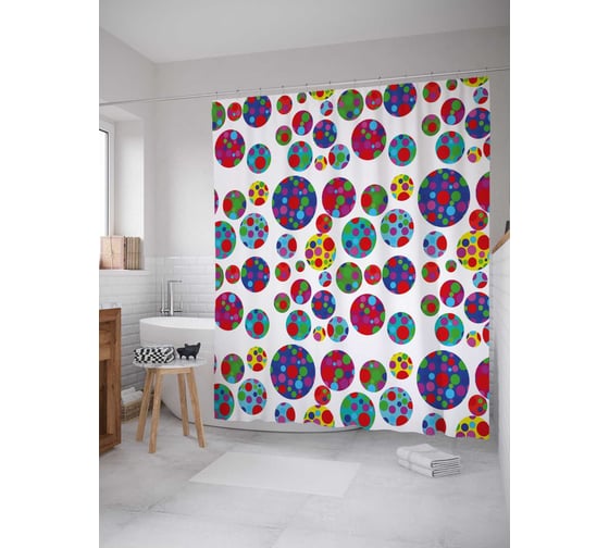 Штора (занавеска) для ванной JoyArty "Горошек в кружках" из сатена, 180х200 см с крючками, sc_32118 1