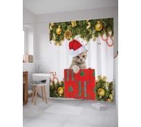 Штора (занавеска) для ванной JoyArty "Кошачий Санта" из сатена, 180х200 см с крючками, sc_5740