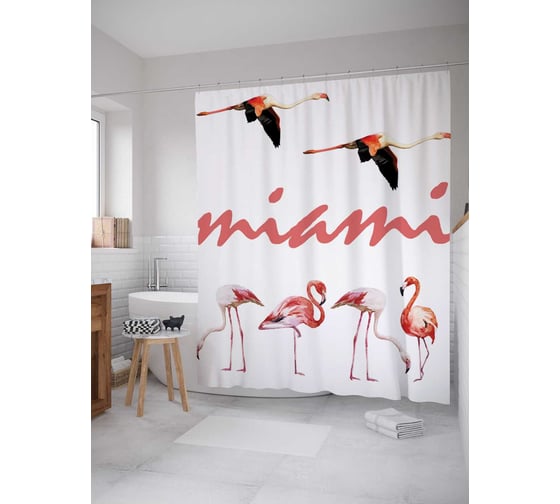 Штора (занавеска) для ванной JoyArty "Розовые фламинго" из сатена, 180х200 см с крючками, sc_5295 1
