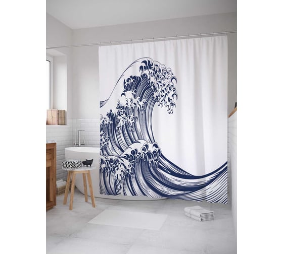 Штора (занавеска) для ванной JoyArty "Громадная волна" из сатена, 180х200 см с крючками, sc_37605 1