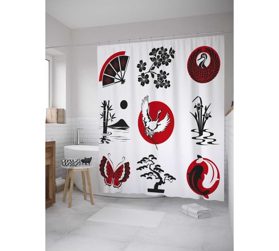 Штора (занавеска) для ванной JoyArty "Японские мотивы" из сатена, 180х200 см с крючками, sc_32162 1