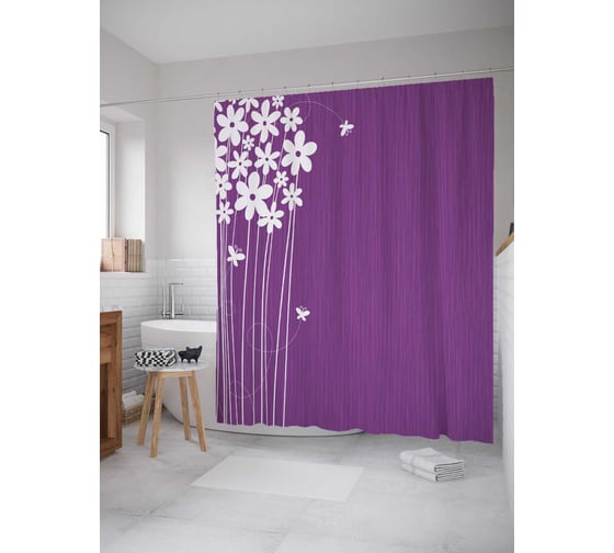 Штора (занавеска) для ванной JoyArty "Цветочный салют" из сатена, 180х200 см с крючками, sc_32096 1