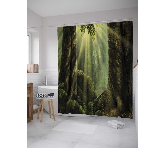 Штора (занавеска) для ванной JoyArty "Лучи в мрачном лесу" из сатена, 180х200 см с крючками, sc_32947 1