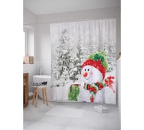 Штора (занавеска) для ванной JoyArty "Снеговик в заснеженном лесу" из сатена, 180х200 см с крючками, sc_5718