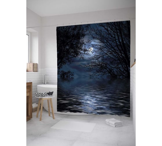Штора (занавеска) для ванной JoyArty "Ночной лес над рекой" из сатена, 180х200 см с крючками, sc_35630