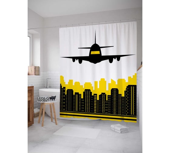 Штора (занавеска) для ванной JoyArty "Самолет над мегаполисом" из сатена, 180х200 см с крючками, sc_5610 1